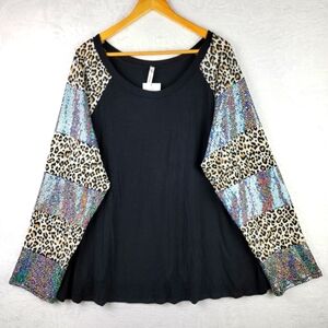 Now & Forever Knit Pullover Black Top Size 3X Sequins Animal Print Long Sleeve